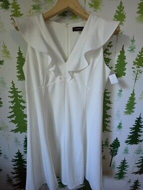 Andrew Marc White Ruffle V-Neck Midi Dress